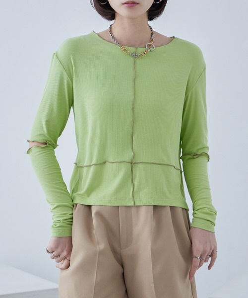 Fashion Letter(ファッションレター)の「ソフトリブ カットアウト 配色メローカットソー(Tシャツ/カットソー・レディース・グレイッシュベージュ/オレンジ/ライム/オリーブ/ブラック・M)」の17枚目の写真