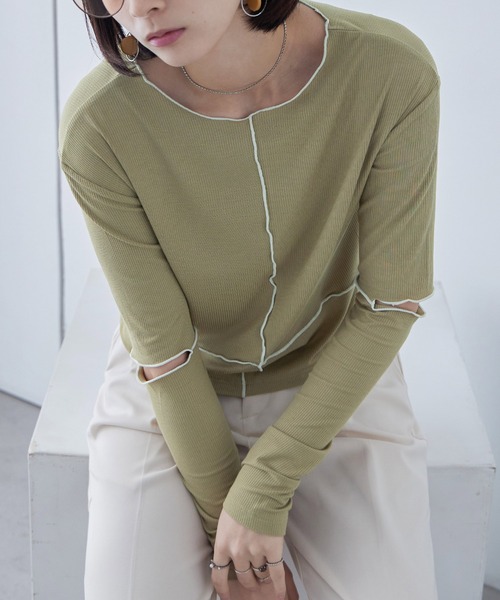 Fashion Letter(ファッションレター)の「ソフトリブ カットアウト 配色メローカットソー(Tシャツ/カットソー・レディース・グレイッシュベージュ/オレンジ/ライム/オリーブ/ブラック・M)」の12枚目の写真