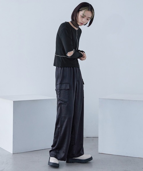 Fashion Letter(ファッションレター)の「ソフトリブ カットアウト 配色メローカットソー(Tシャツ/カットソー・レディース・グレイッシュベージュ/オレンジ/ライム/オリーブ/ブラック・M)」の13枚目の写真
