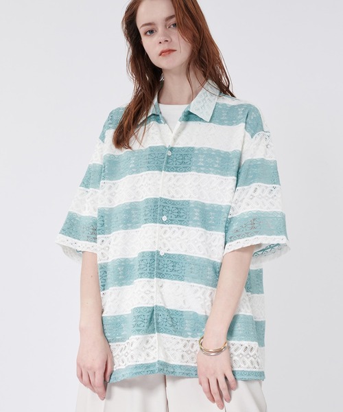 ONCILY(オンシェリー)の「BORDER LACE SHEER SHIRT / ボーダーレースシアーシャツ(シャツ/ブラウス・メンズ・ブラック/ライトブルー/ネイビー・LARGE/MEDIUM)」の2枚目の写真