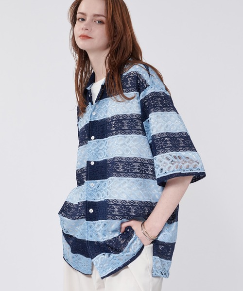 ONCILY(オンシェリー)の「BORDER LACE SHEER SHIRT / ボーダーレースシアーシャツ(シャツ/ブラウス・メンズ・ブラック/ライトブルー/ネイビー・LARGE/MEDIUM)」の4枚目の写真