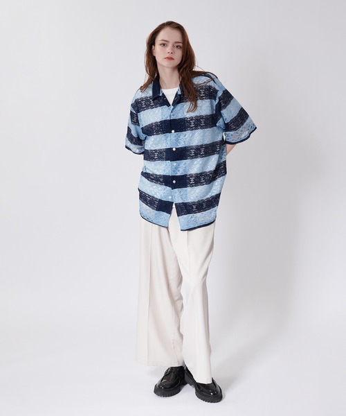 ONCILY(オンシェリー)の「BORDER LACE SHEER SHIRT / ボーダーレースシアーシャツ(シャツ/ブラウス・メンズ・ブラック/ライトブルー/ネイビー・LARGE/MEDIUM)」の10枚目の写真