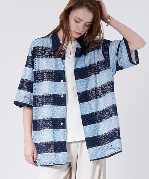 ONCILY(オンシェリー)の「BORDER LACE SHEER SHIRT / ボーダーレースシアーシャツ(シャツ/ブラウス・メンズ・ブラック/ライトブルー/ネイビー・LARGE/MEDIUM)」の7枚目の写真