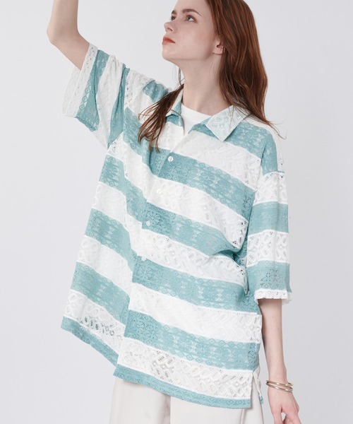 ONCILY(オンシェリー)の「BORDER LACE SHEER SHIRT / ボーダーレースシアーシャツ(シャツ/ブラウス・メンズ・ブラック/ライトブルー/ネイビー・LARGE/MEDIUM)」の16枚目の写真