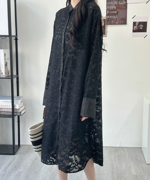 ABITOKYO（アビトーキョー）の「スタンドカラージャガードシアーシャツワンピース（シャツワンピース・レディース・ブラック/ベージュ/ホワイト・FREE）」の3枚目の写真