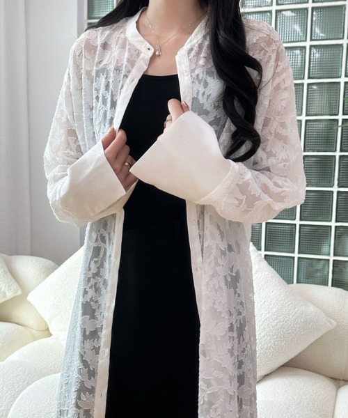 ABITOKYO（アビトーキョー）の「スタンドカラージャガードシアーシャツワンピース（シャツワンピース・レディース・ブラック/ベージュ/ホワイト・FREE）」の5枚目の写真