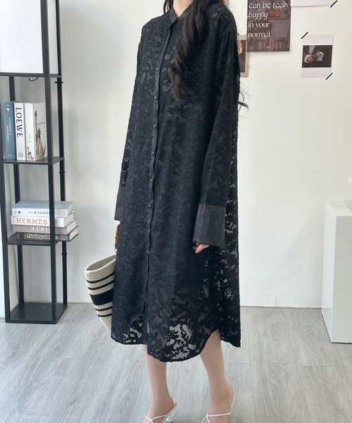 ABITOKYO（アビトーキョー）の「スタンドカラージャガードシアーシャツワンピース（シャツワンピース・レディース・ブラック/ベージュ/ホワイト・FREE）」の21枚目の写真