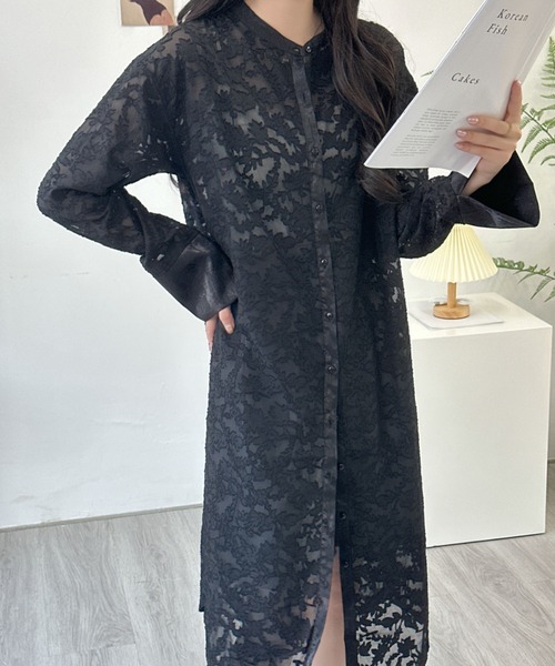 ABITOKYO（アビトーキョー）の「スタンドカラージャガードシアーシャツワンピース（シャツワンピース・レディース・ブラック/ベージュ/ホワイト・FREE）」の8枚目の写真