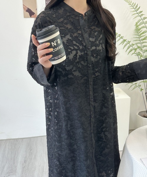 ABITOKYO（アビトーキョー）の「スタンドカラージャガードシアーシャツワンピース（シャツワンピース・レディース・ブラック/ベージュ/ホワイト・FREE）」の10枚目の写真