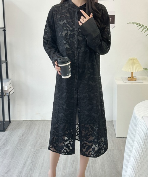 ABITOKYO（アビトーキョー）の「スタンドカラージャガードシアーシャツワンピース（シャツワンピース・レディース・ブラック/ベージュ/ホワイト・FREE）」の9枚目の写真