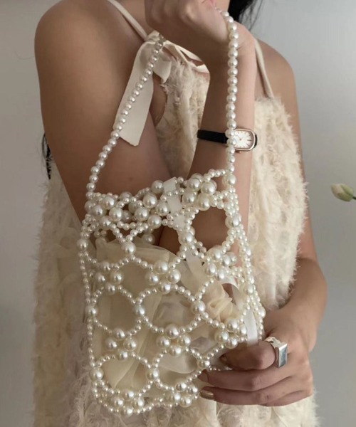 LAC-VERT（ラック・ヴェール）の「ビーズ/パールミニハンドバッグ（ハンドバッグ・レディース・ホワイト/クリア・FREE）」の2枚目の写真