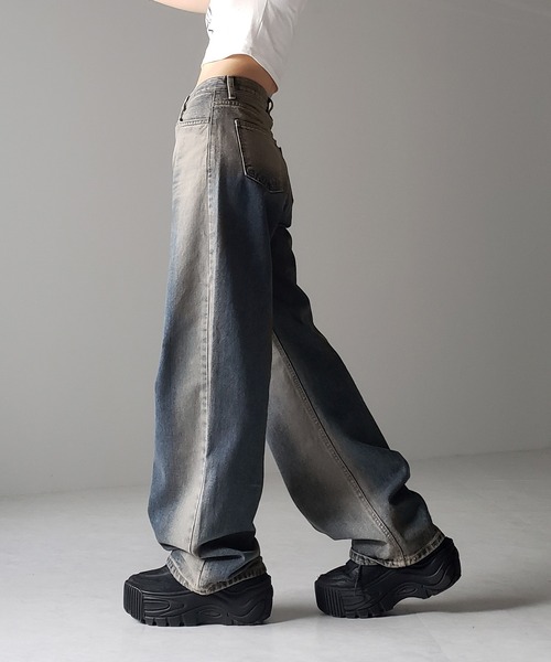 ユニークグラデーションワイドデニムパンツ (M/L) O4520 グラデーションワイドバギーデニムパンツ（デニムパンツ