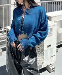 【LVEU.】ピンデザインダメージカーディガン / トップス ニット カーディガン カーデ ピン 安全ピン ダメージ クロップド ショート丈 ブラック グレー ブルー オリジナル