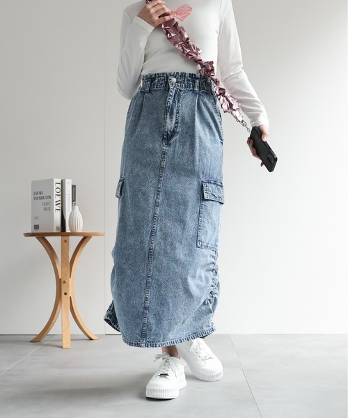 LAC-VERT（ラック・ヴェール）の「シャーリングカーゴデニムスカート（スカート・レディース・オフホワイト/ライトブルー/ブラック・FREE）」の7枚目の写真