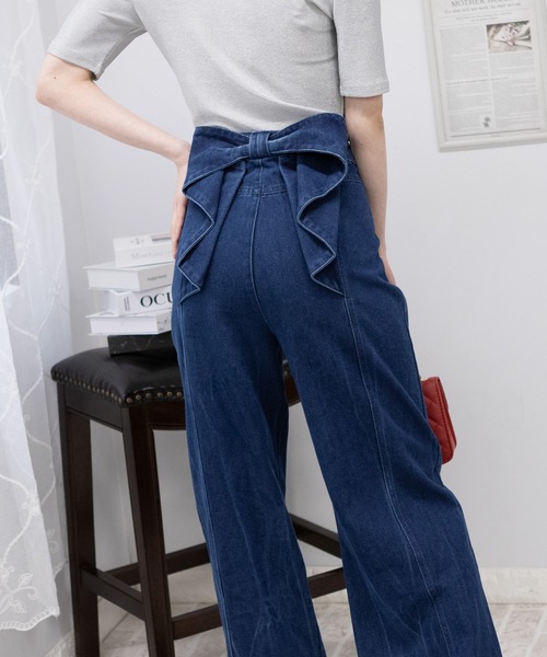セール】BACKリボン ハイウエストデニムワイドパンツ（デニム