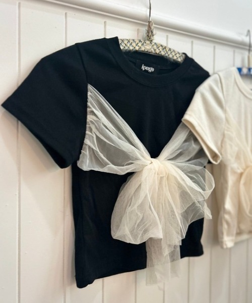 ipugo(イプゴ)の「ipugo/イプゴ チュールリボン ミニT 夏物 夏服(Tシャツ/カットソー・レディース・ブラック/アイボリー・FREE)」の4枚目の写真