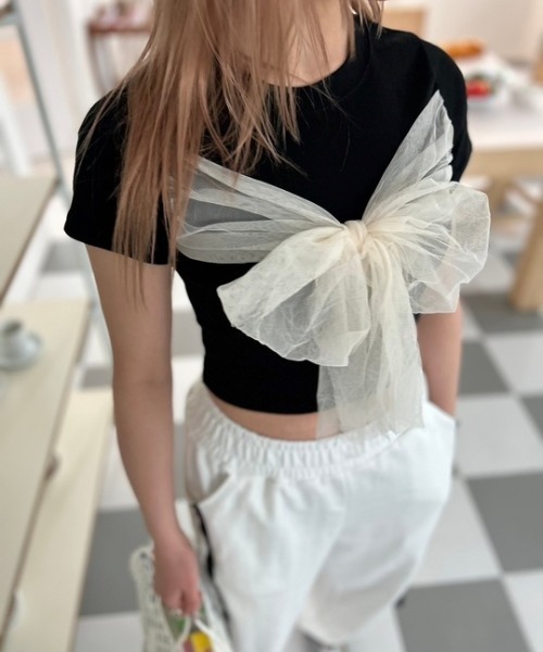 ipugo(イプゴ)の「ipugo/イプゴ チュールリボン ミニT 夏物 夏服(Tシャツ/カットソー・レディース・ブラック/アイボリー・FREE)」の9枚目の写真