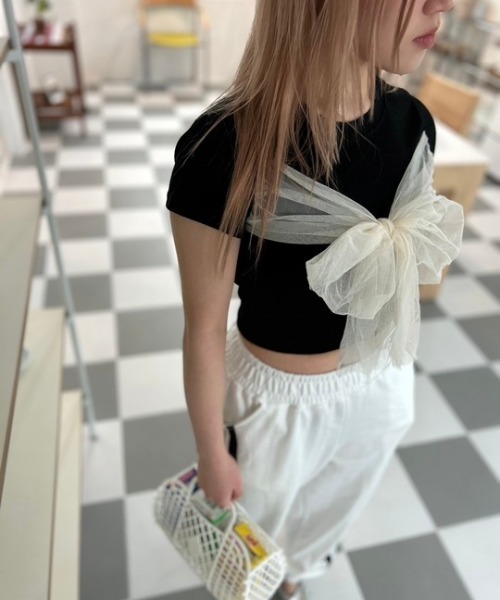 ipugo(イプゴ)の「ipugo/イプゴ チュールリボン ミニT 夏物 夏服(Tシャツ/カットソー・レディース・ブラック/アイボリー・FREE)」の10枚目の写真