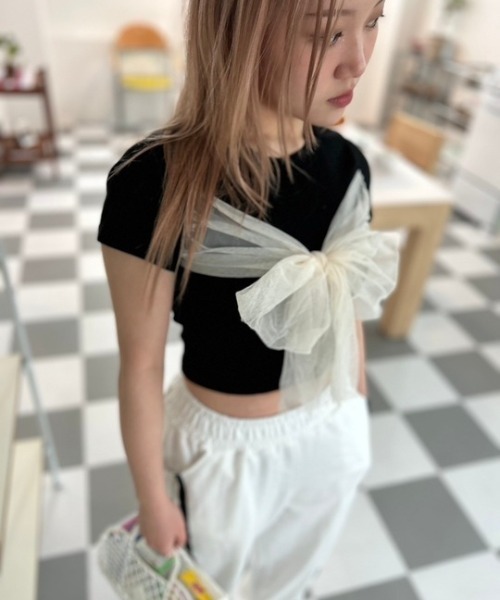 ipugo(イプゴ)の「ipugo/イプゴ チュールリボン ミニT 夏物 夏服(Tシャツ/カットソー・レディース・ブラック/アイボリー・FREE)」の11枚目の写真