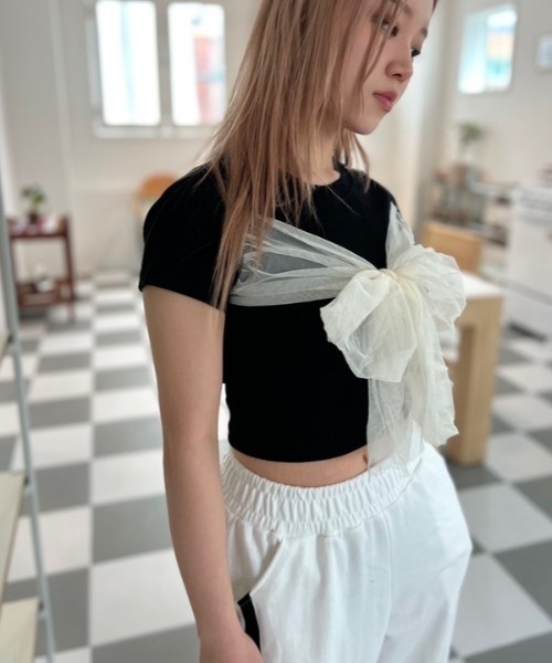 ipugo(イプゴ)の「ipugo/イプゴ チュールリボン ミニT 夏物 夏服(Tシャツ/カットソー・レディース・ブラック/アイボリー・FREE)」の12枚目の写真