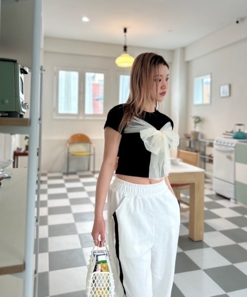 ipugo(イプゴ)の「ipugo/イプゴ チュールリボン ミニT 夏物 夏服(Tシャツ/カットソー・レディース・ブラック/アイボリー・FREE)」の14枚目の写真