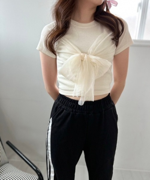 ipugo(イプゴ)の「ipugo/イプゴ チュールリボン ミニT 夏物 夏服(Tシャツ/カットソー・レディース・ブラック/アイボリー・FREE)」の22枚目の写真