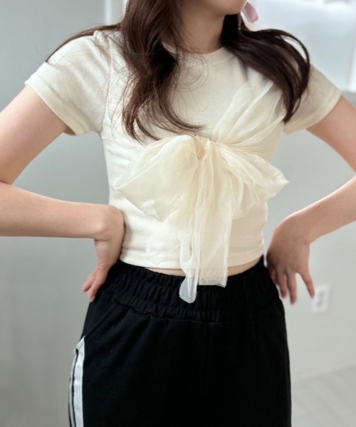 ipugo(イプゴ)の「ipugo/イプゴ チュールリボン ミニT 夏物 夏服(Tシャツ/カットソー・レディース・ブラック/アイボリー・FREE)」の21枚目の写真