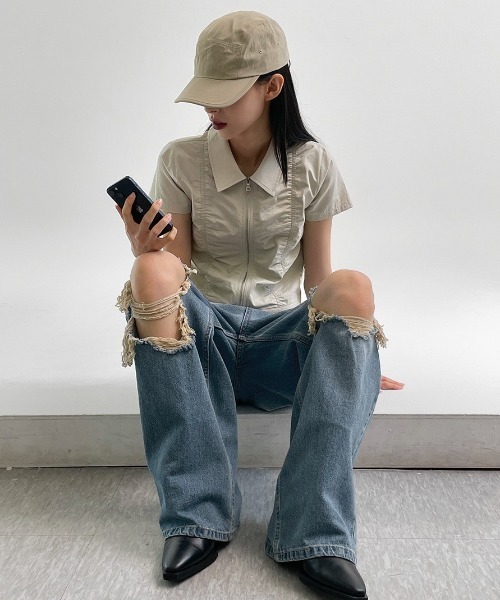 BLACKUP（ブラックアップ）の「[MADE] テズパーカリングシャーリング半袖ジップアップシャツ（シャツ/ブラウス・レディース・ライトベージュ/ブラック・SMALL/MEDIUM）」の6枚目の写真