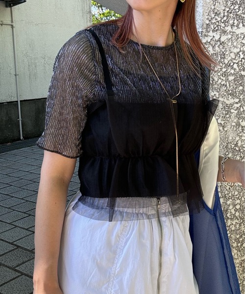 y/m by misato（イムバイミサト）の「ラメシアークルーネックトップス（Tシャツ/カットソー・レディース・ブラック/オフホワイト/ピンク・FREE）」の12枚目の写真
