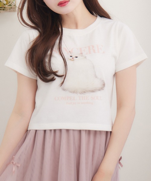 ems excite(エムズエキサイト)の「catロゴプリントTEE(Tシャツ/カットソー・レディース・イエロー/ブルー/オフホワイト・FREE)」の1枚目の写真