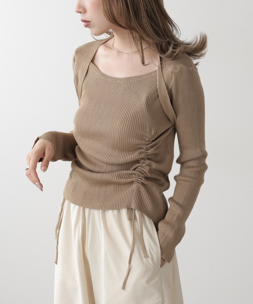 AO2(アオズ)の「Drawstring Ribbon Ribbed Tops / ドロストリボントップス(Tシャツ/カットソー・レディース・カーキ/アイボリー・FREE)」の2枚目の写真