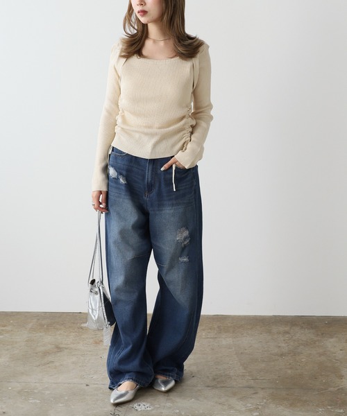 AO2(アオズ)の「Drawstring Ribbon Ribbed Tops / ドロストリボントップス(Tシャツ/カットソー・レディース・カーキ/アイボリー・FREE)」の5枚目の写真