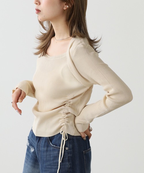 AO2(アオズ)の「Drawstring Ribbon Ribbed Tops / ドロストリボントップス(Tシャツ/カットソー・レディース・カーキ/アイボリー・FREE)」の6枚目の写真