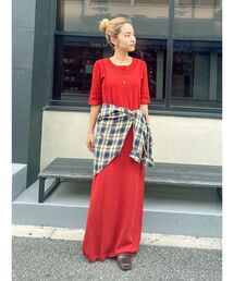 【未使用品】45R 赤 カットソーワンピース 半袖 40代ファッション 上品シルエットシャツワンピース ワンピース