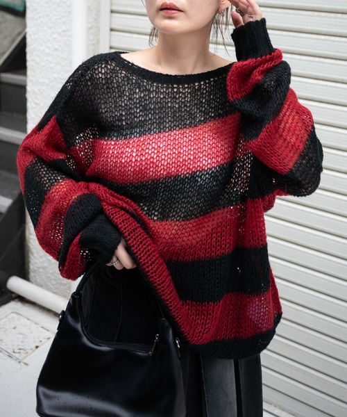 セール】WEGO/ボーダーモヘアタッチメッシュニットプルオーバー
