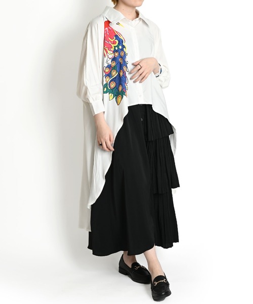 クジャク プリント 長袖ブラウス チュニック（シャツ/ブラウス）｜ABBEY MARKET（アビーマーケット）