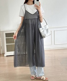 チュールキャミソールワンピース ロング丈 レイヤードキャミワンピ