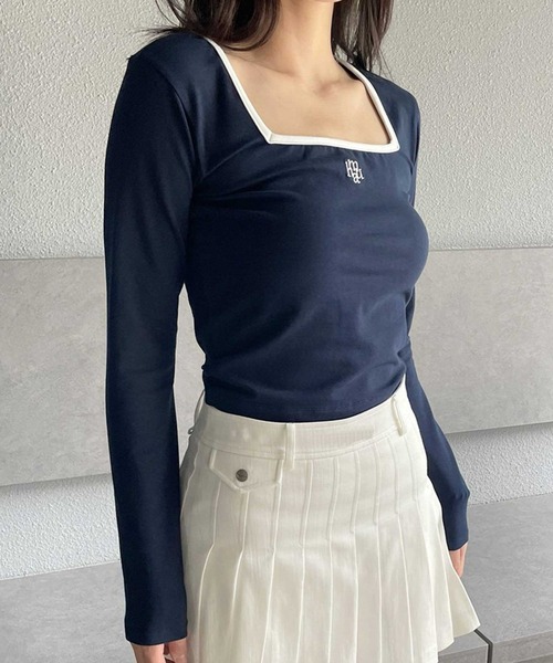 muahmuah(ムーアムーア)の「A'GEM/9 × .kom『muah muah/ムーアムーア』LOGO STITCH SQUARE NECK COLORING LONG SLEEVE/ロゴステッチ スクエアネック カラリングロングシャツ(Tシャツ/カットソー・レディース・ブラック/ホワイト/ネイビー・FREE)」の9枚目の写真