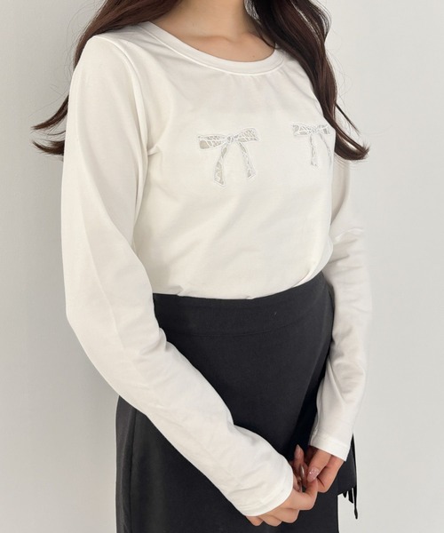 Heather（ヘザー）の「リボンレースロンTEE　144355（Tシャツ/カットソー・レディース・オフホワイト/ブラック/グレー・FREE）」の4枚目の写真