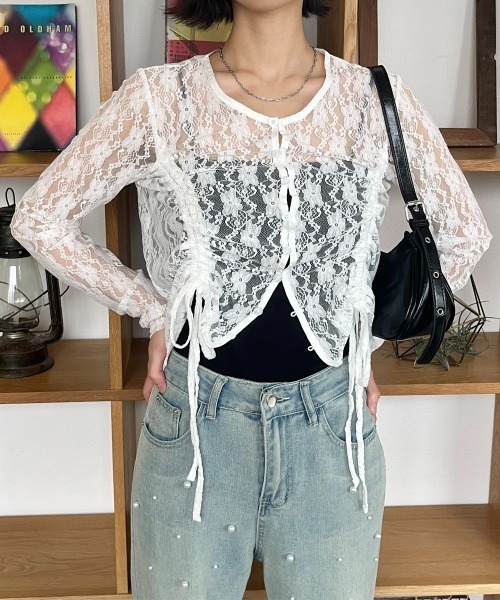 Rejoule(リジュール)の「ドロストレースショート丈シアートップス(Tシャツ/カットソー・レディース・ブラック/オフホワイト・FREE)」の5枚目の写真