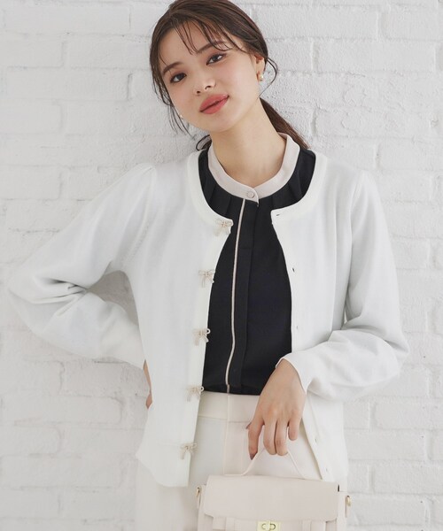 セール】リボンパール調ビジューカーディガン【洗える】（カーディガン