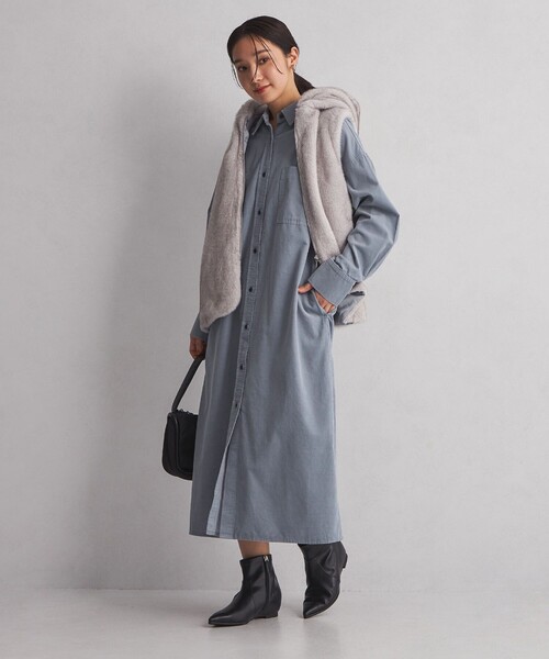 green label relaxing(グリーンレーベルリラクシング)の「<at ease> コーデュロイ ワンピース(シャツワンピース・レディース・ダークグレー/ライトブルー/オフホワイト・FREE)」の3枚目の写真
