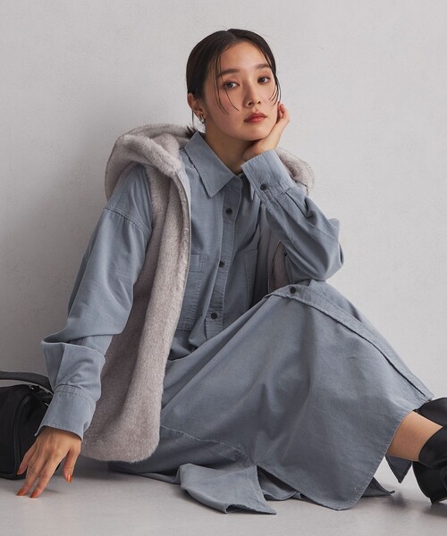 green label relaxing(グリーンレーベルリラクシング)の「<at ease> コーデュロイ ワンピース(シャツワンピース・レディース・ダークグレー/ライトブルー/オフホワイト・FREE)」の4枚目の写真