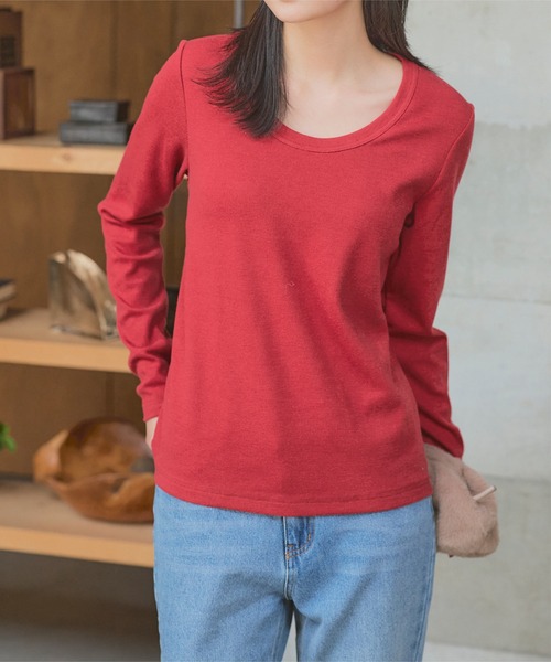 セール】[ M L XL 選べるサイズ ] 深Uネック細リブ長袖Tシャツ（T