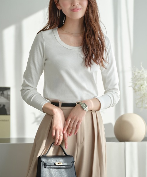 セール】[ M L XL 選べるサイズ ] 深Uネック細リブ長袖Tシャツ（T