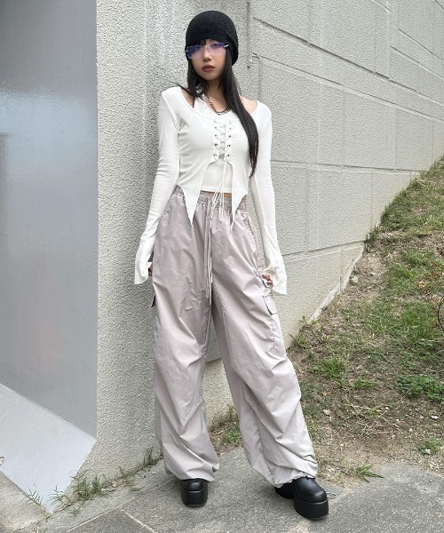 フレアスリーブバックレースアップカットソー ノエミー NOEMIE フレアスリーブバックレースアップカットソー