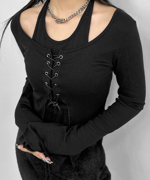 LVEU.(ラブユ.)の「【LVEU.】レースアップレイヤードトップス / トップス カットソー 長袖 レースアップ リブ レイヤード クロップド フレアスリーブ バレエコア ショート ブラック ホワイト(Tシャツ/カットソー・レディース・ブラック/ホワイト・FREE)」の14枚目の写真