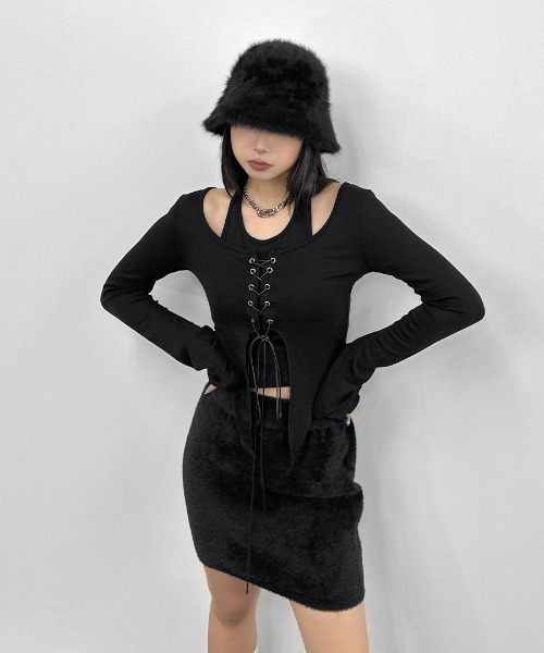 LVEU.(ラブユ.)の「【LVEU.】レースアップレイヤードトップス / トップス カットソー 長袖 レースアップ リブ レイヤード クロップド フレアスリーブ バレエコア ショート ブラック ホワイト(Tシャツ/カットソー・レディース・ブラック/ホワイト・FREE)」の16枚目の写真