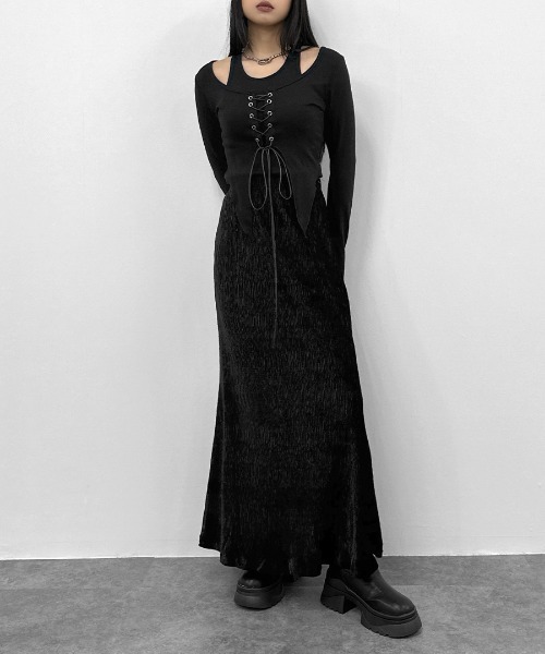 LVEU.(ラブユ.)の「【LVEU.】レースアップレイヤードトップス / トップス カットソー 長袖 レースアップ リブ レイヤード クロップド フレアスリーブ バレエコア ショート ブラック ホワイト(Tシャツ/カットソー・レディース・ブラック/ホワイト・FREE)」の18枚目の写真