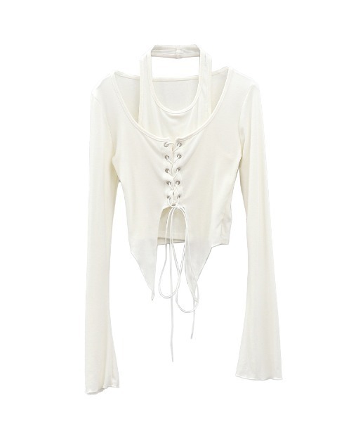 LVEU.(ラブユ.)の「【LVEU.】レースアップレイヤードトップス / トップス カットソー 長袖 レースアップ リブ レイヤード クロップド フレアスリーブ バレエコア ショート ブラック ホワイト(Tシャツ/カットソー・レディース・ブラック/ホワイト・FREE)」の21枚目の写真